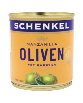 Schenkel Oliven Manzanilla gruen, mit Paprika Fuellung, aus Spanien, 85 Gramm Abtropfgewicht
